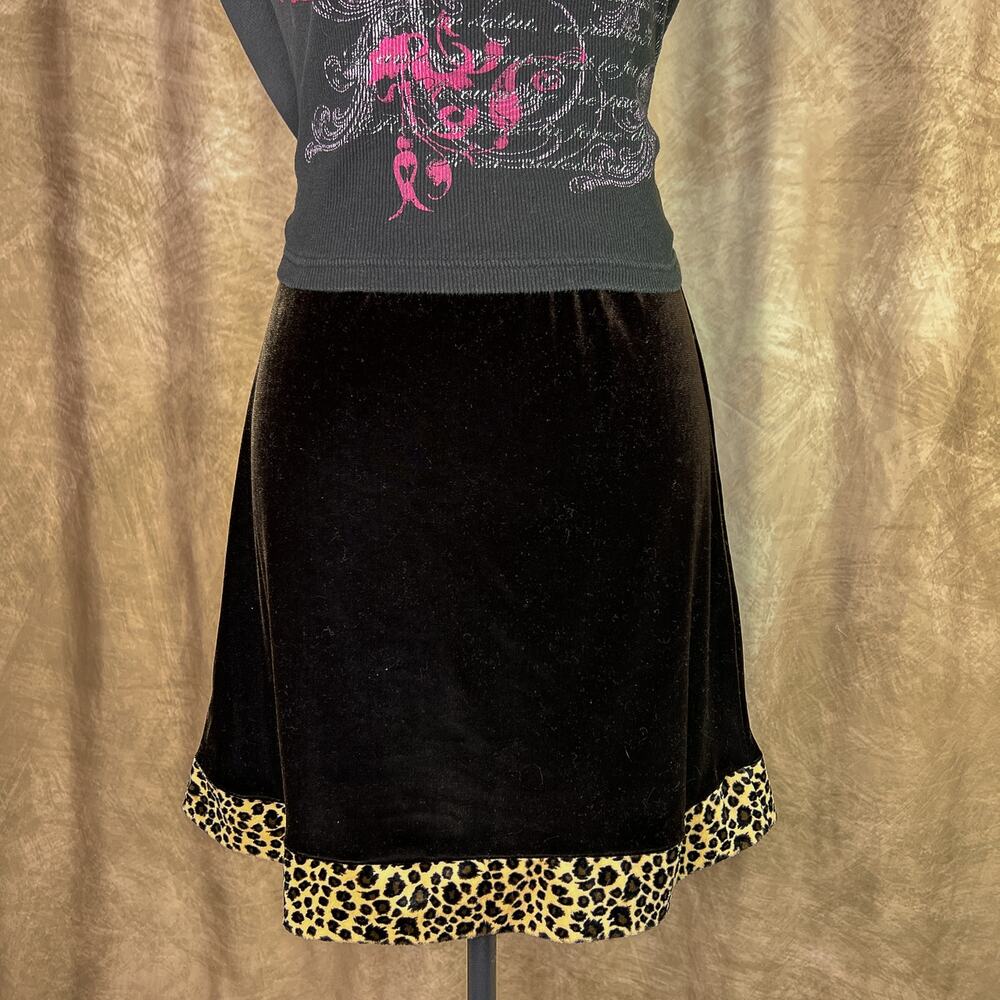 Vintage Y2K Velour Mini Skirt Leopard Animal Print Trim Brown Indie Sleaze Euro